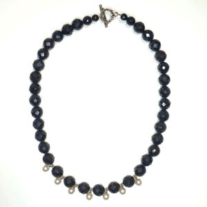 Handmade Black Onyx Faceted Glass Drop Pearl Accent Necklace, 16" Choker